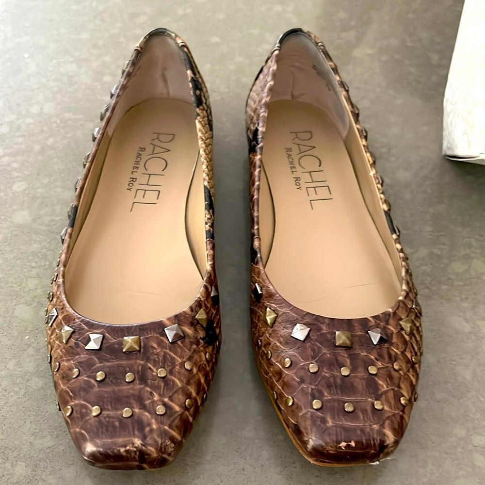 Rachel Rachel Roy leather studded flats, snake print brown/black